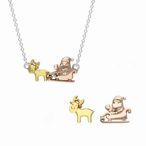 Rose Yellow Gold Plated Sterling Silver Santa Reindeer Two Piece Set