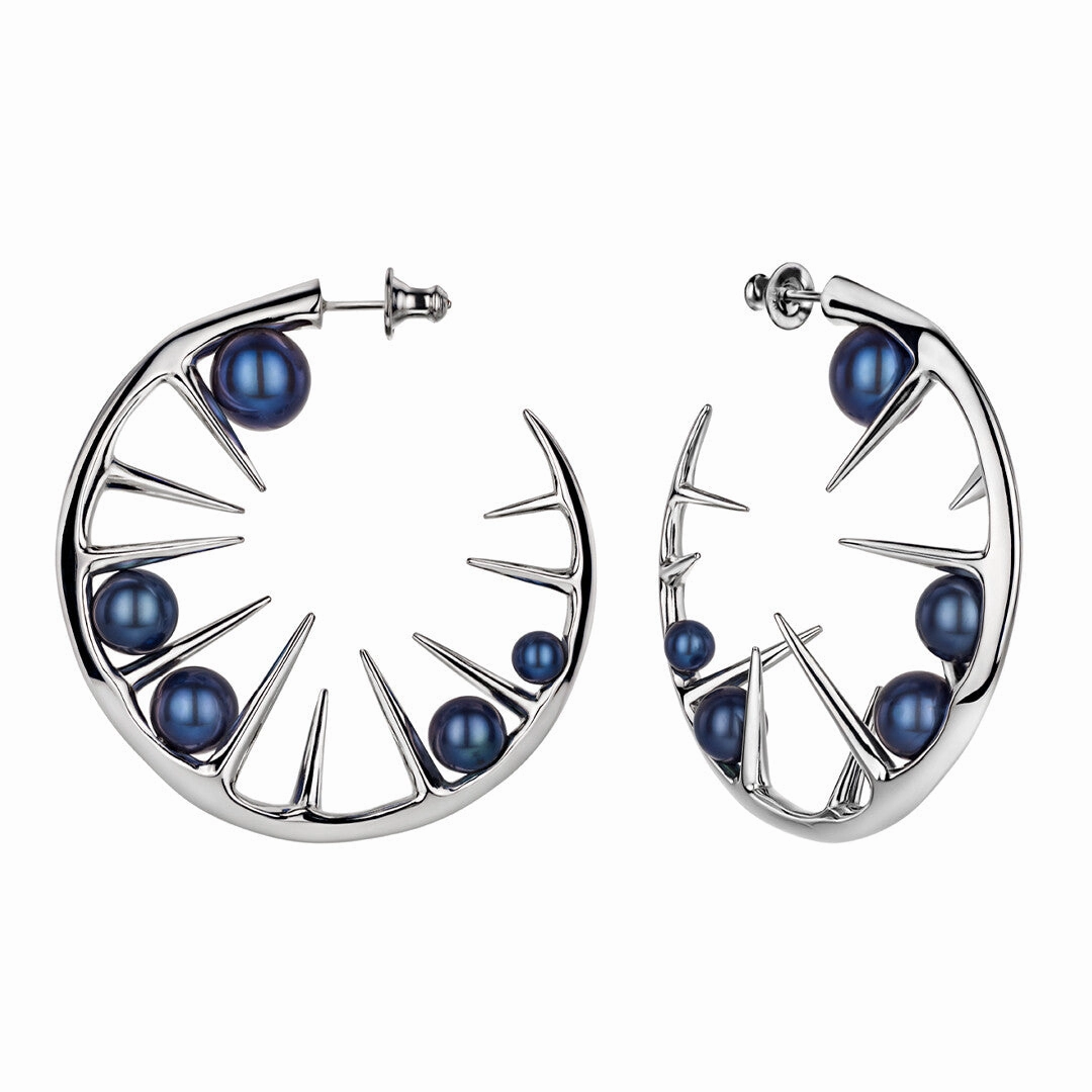 Shaun Leane Blackthorn Sterling Silver Black Pearl Hoop Earrings