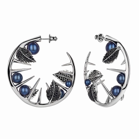 Shaun Leane Blackthorn Sterling Silver Black Spinel Pearl Leaf Hoop Earrings