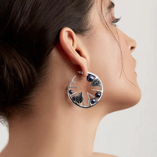 Shaun Leane Blackthorn Sterling Silver Black Spinel Pearl Leaf Hoop Earrings