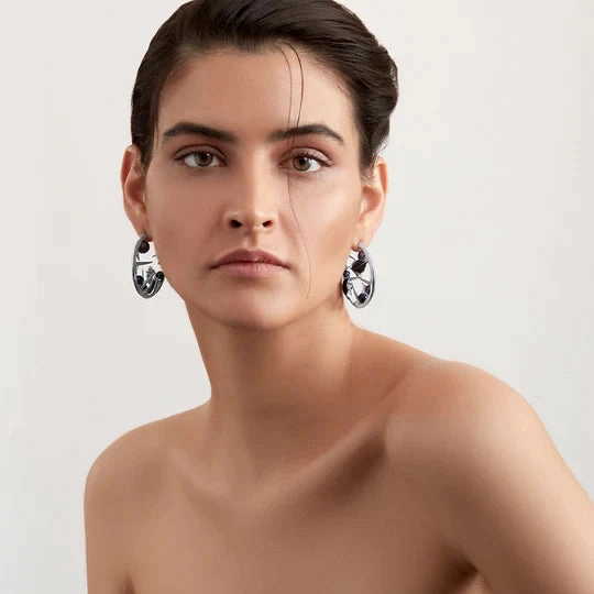 Shaun Leane Blackthorn Sterling Silver Black Spinel Pearl Leaf Hoop Earrings
