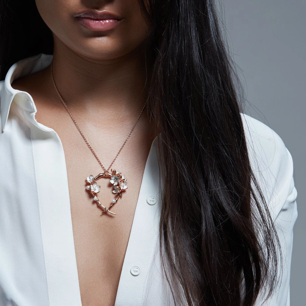 Shaun Leane Cherry Blossom 18ct Rose Gold Plated Sterling Silver Diamond Pearl Hoop Necklace