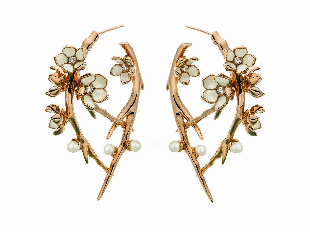 Shaun Leane Cherry Blossom Rose Gold Vermeil 0.54ct Diamond Pearl Hoop Earrings