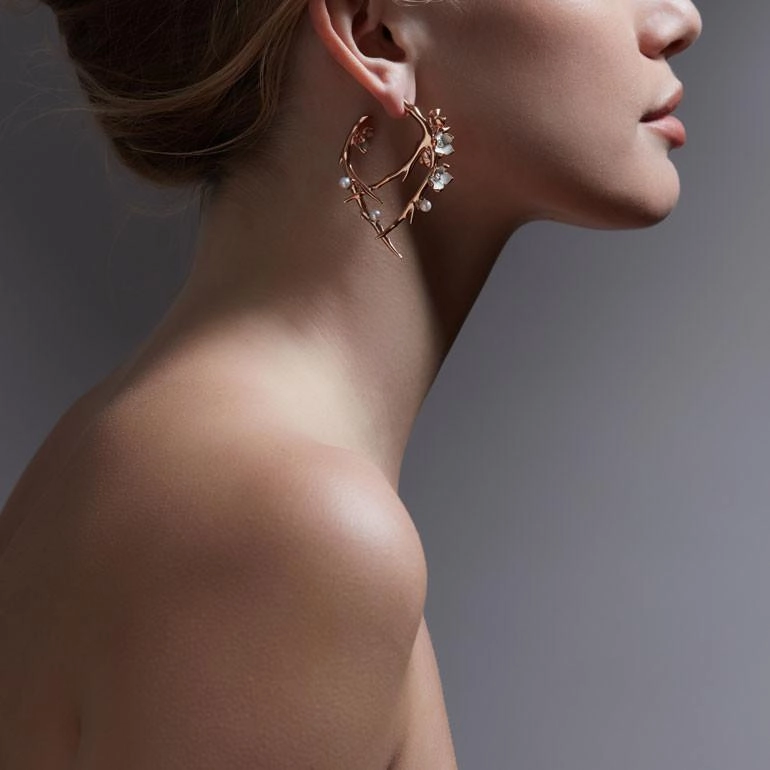 Shaun Leane Cherry Blossom Rose Gold Vermeil 0.54ct Diamond Pearl Hoop Earrings