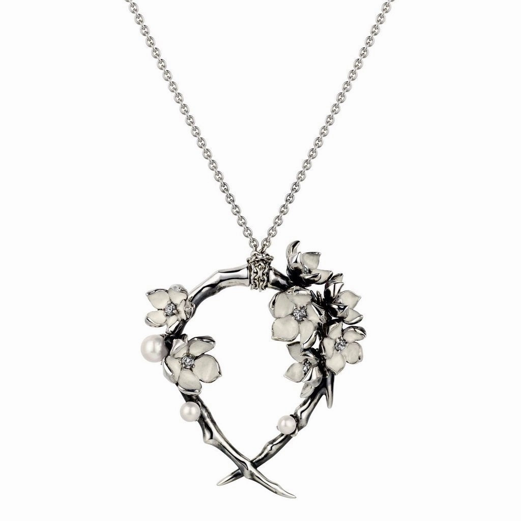 Shaun Leane Cherry Blossom Sterling Silver 0.39ct Diamond Pearl Hoop Necklace