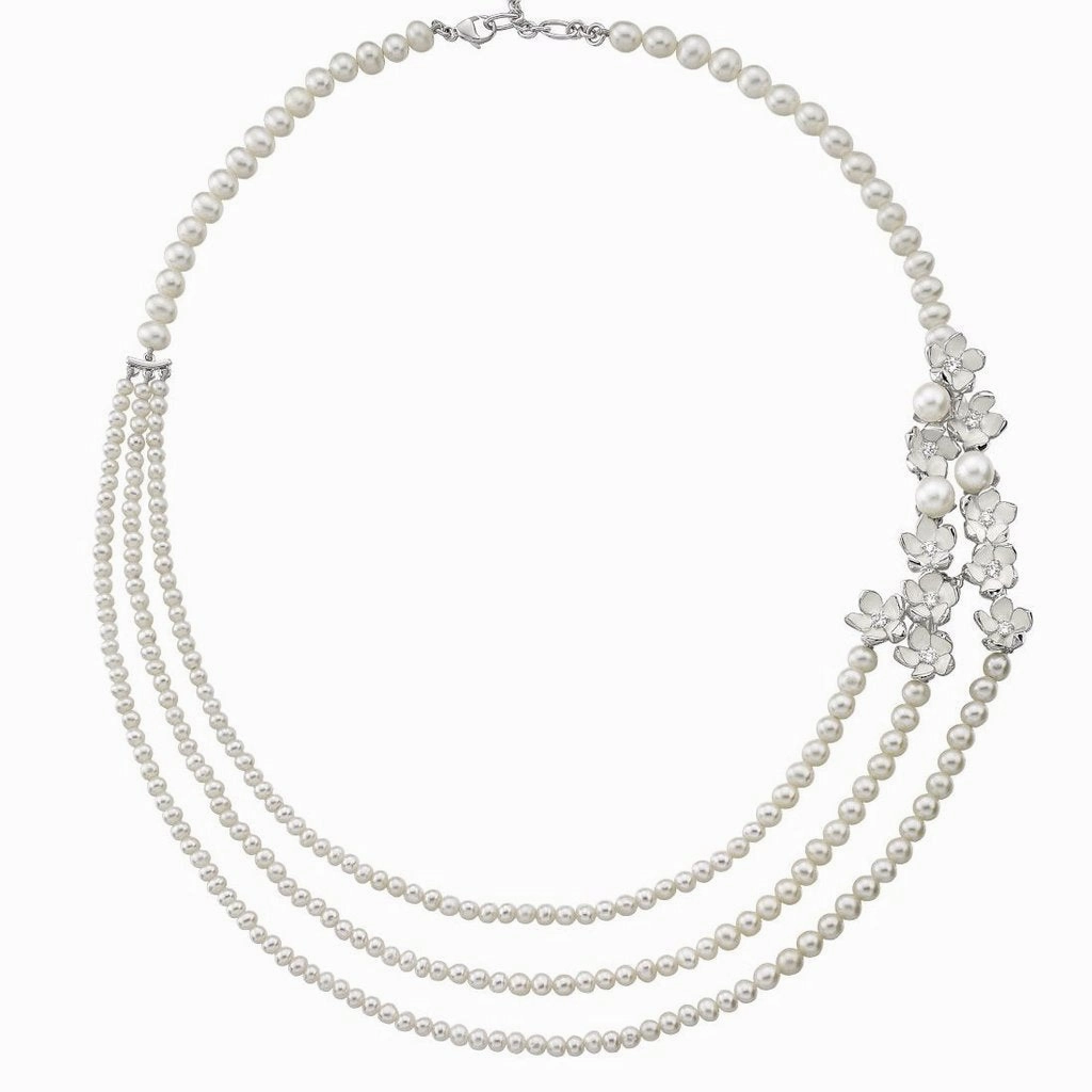 Shaun Leane Cherry Blossom Sterling Silver 0.50ct Diamond Pearl Three Strand Necklace