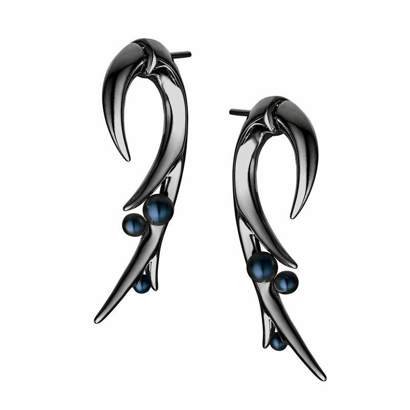 Shaun Leane Sterling Silver Black Rhodium Large Hooked Pearl Earrings