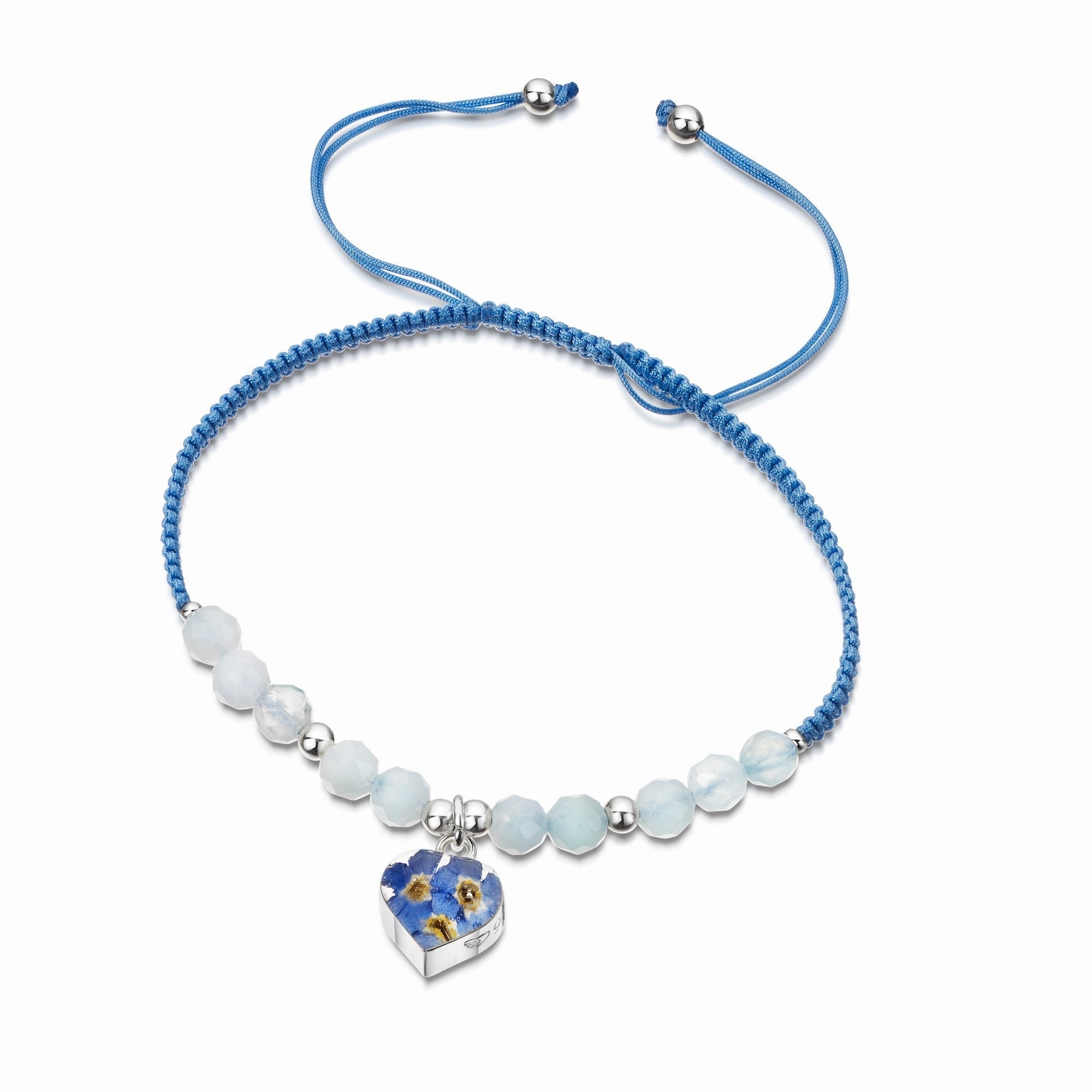 Shrieking Violet Sterling Silver Aquamarine Beaded Forget Me Not Heart Charm Bracelet