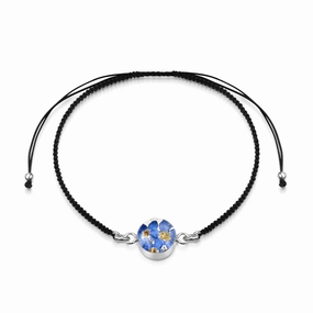 Shrieking Violet Sterling Silver Black Woven Forget Me Not Round Charm Bracelet