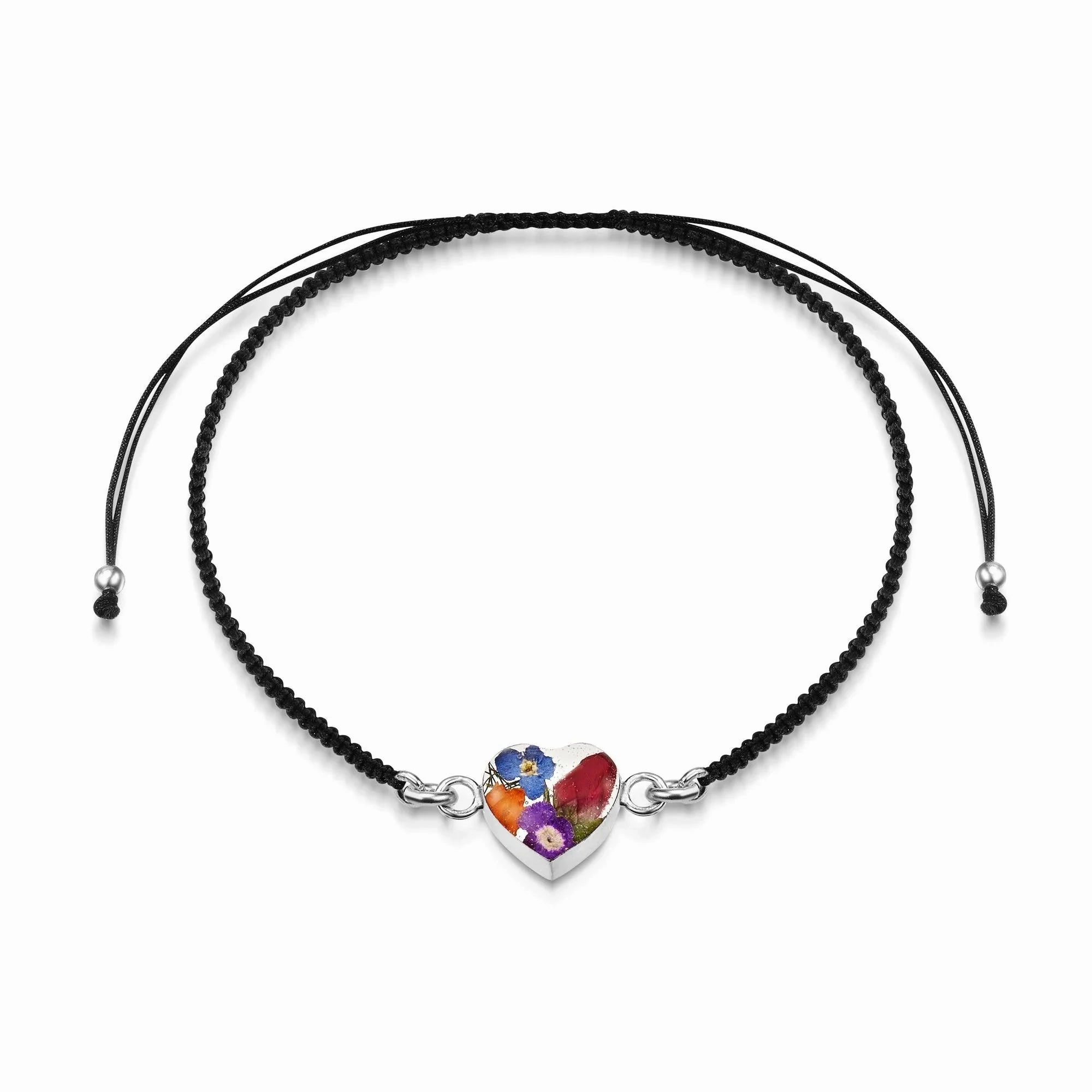 Shrieking Violet Sterling Silver Black Woven Mixed Flower Heart Charm Bracelet