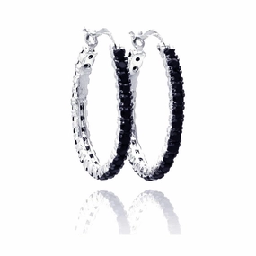 Silver 925 Black and Silver Rhodium Plated CZ Hoop Earrings - BGE00075