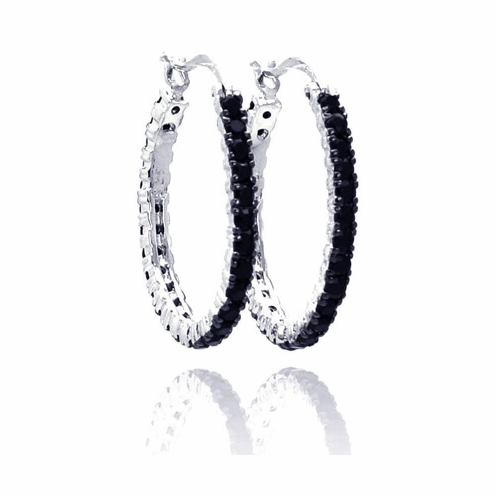 Silver 925 Black and Silver Rhodium Plated CZ Hoop Earrings - BGE00075