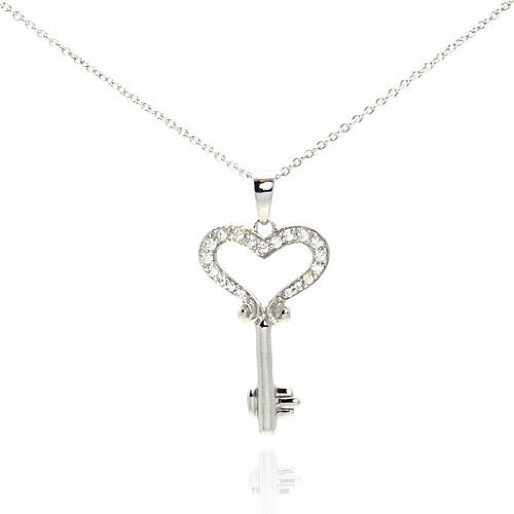 Silver 925 Black Rhodium Plated Clear CZ Key Heart Pendant Necklace - STP00997