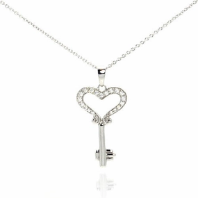 Silver 925 Black Rhodium Plated Clear CZ Key Heart Pendant Necklace - STP00997