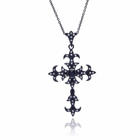 Silver 925 Black Rhodium Plated Cross CZ Necklace - BGP00316