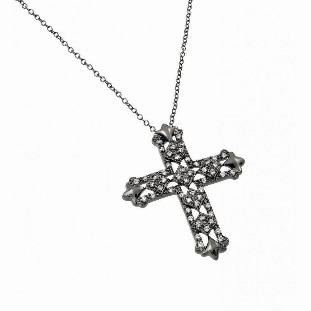 Silver 925 Black Rhodium Plated CZ Cross Necklace - BGP00687-BLK