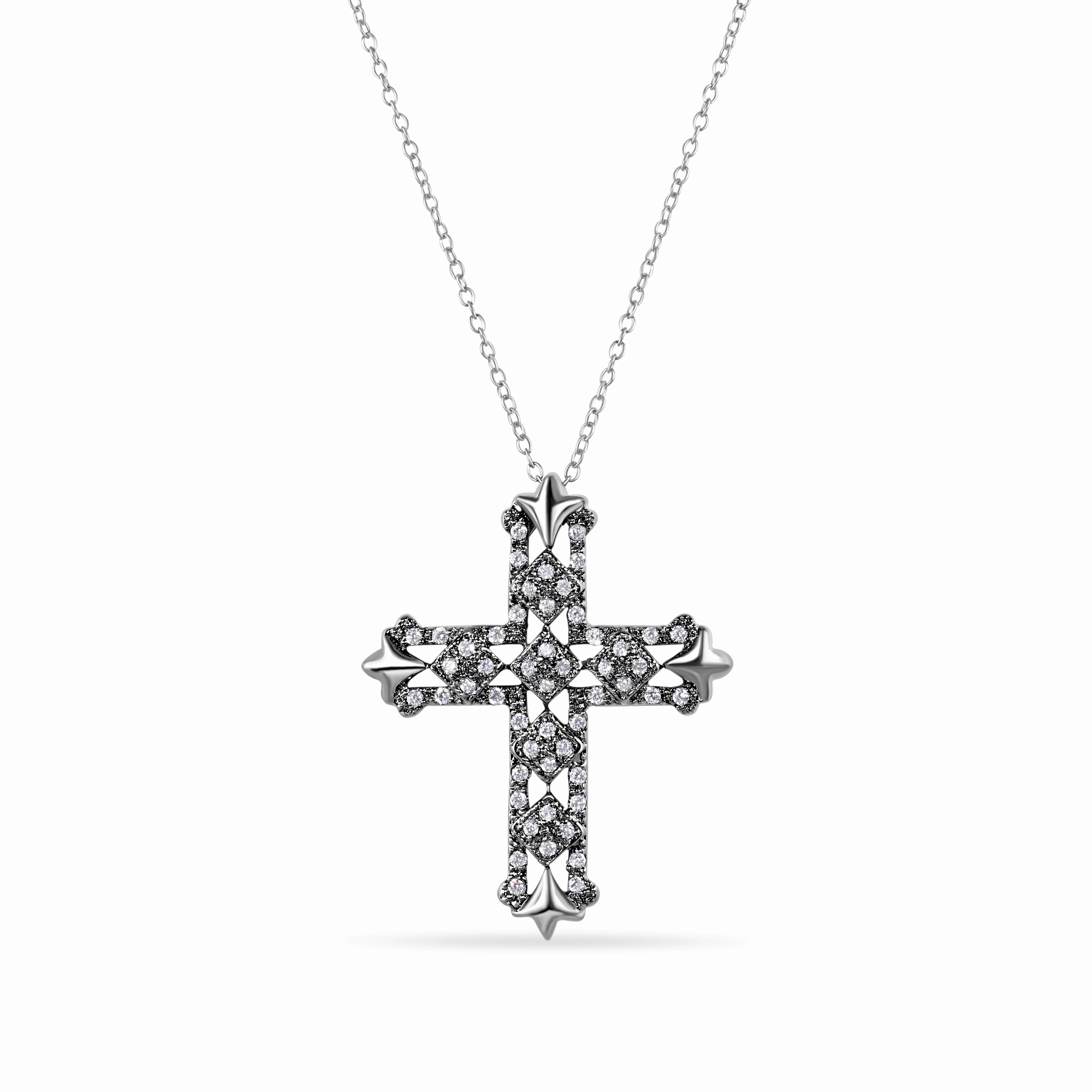 Silver 925 Black Rhodium Plated CZ Cross Necklace - BGP00687-BLK