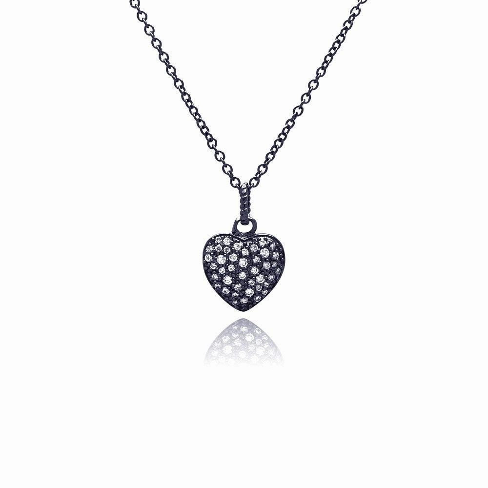 Silver 925 Black Rhodium Plated Heart CZ Necklace - BGP00371