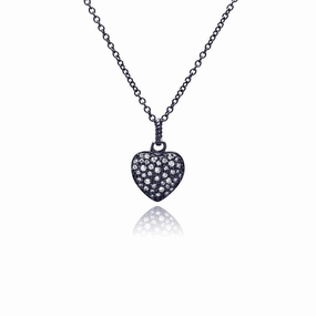 Silver 925 Black Rhodium Plated Heart CZ Necklace - BGP00371