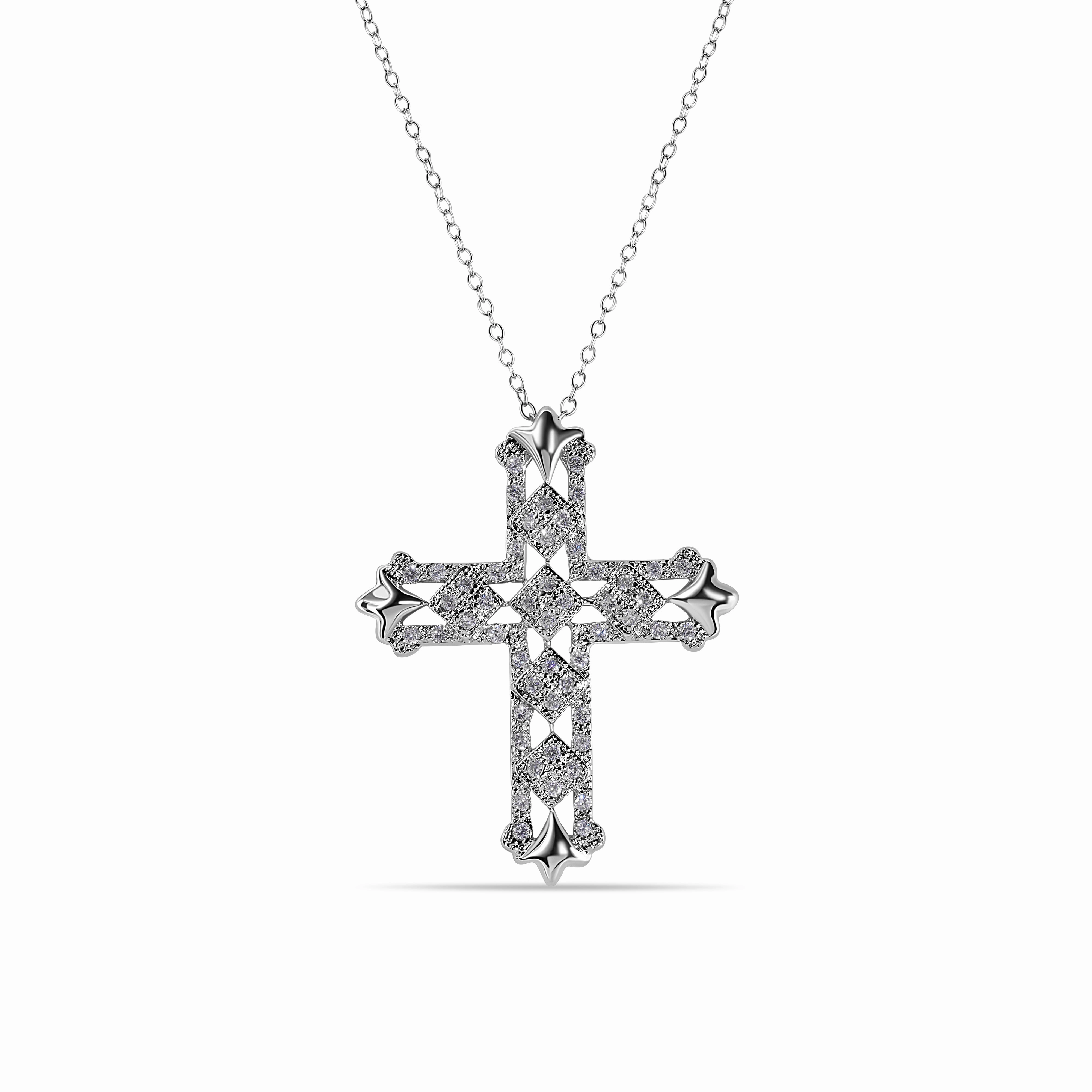 Silver 925 Clear CZ Rhodium Plated Cross Pendant Necklace - BGP00106