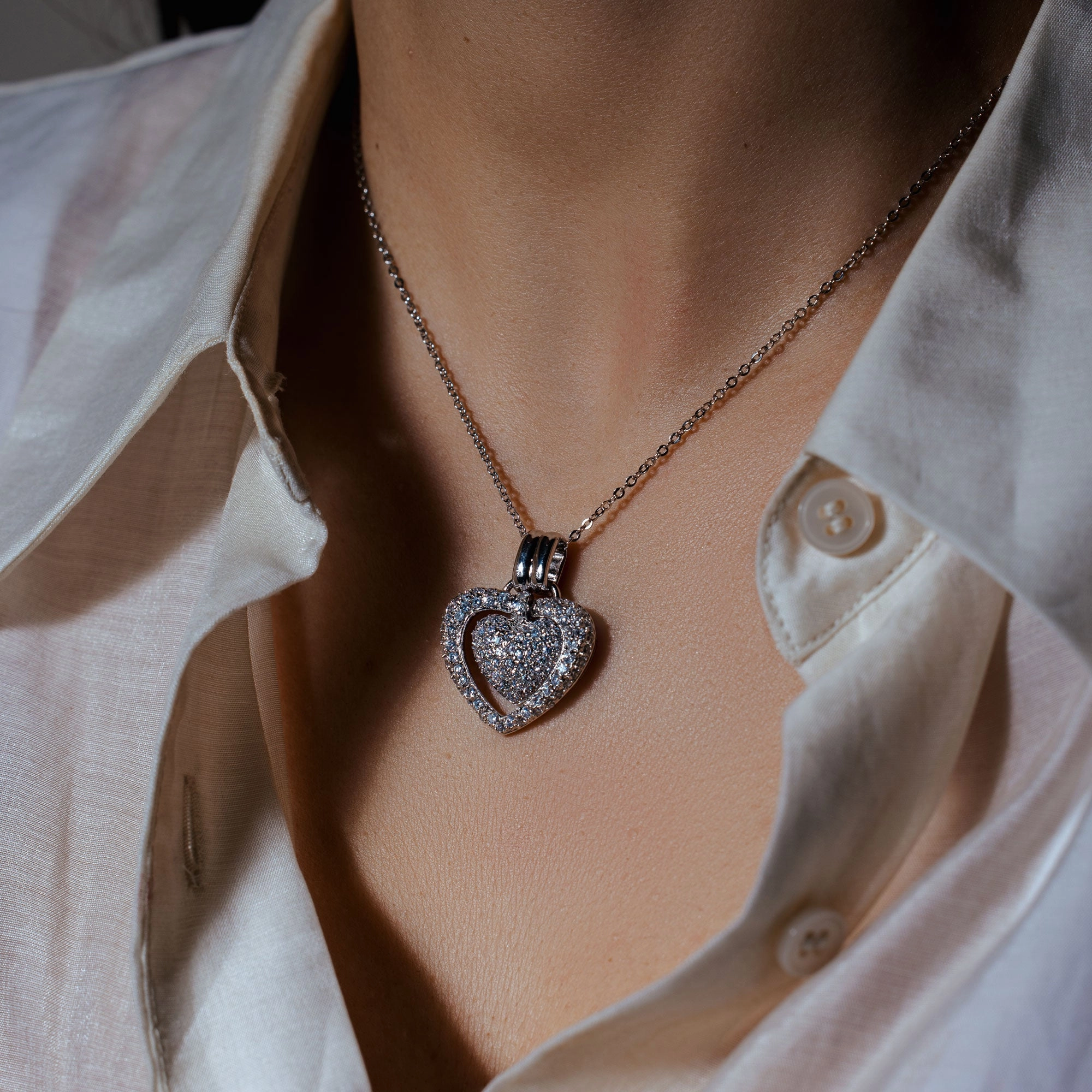 Silver 925 Clear CZ Rhodium Plated Double Heart Pendant Necklace - BGP00071CLR