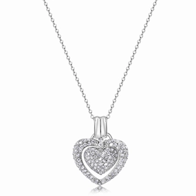 Silver 925 Clear CZ Rhodium Plated Double Heart Pendant Necklace - BGP00071CLR