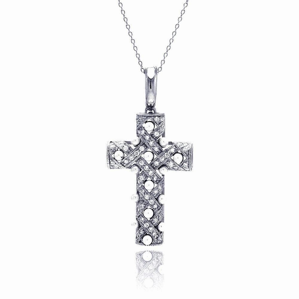 Silver 925 Clear CZ Rhodium Plated Fancy Cross Pendant Necklace - STP00211