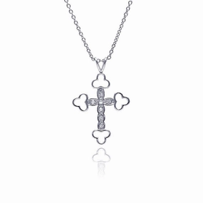 Silver 925 Clear CZ Rhodium Plated Fancy Cross Pendant Necklace - STP00222