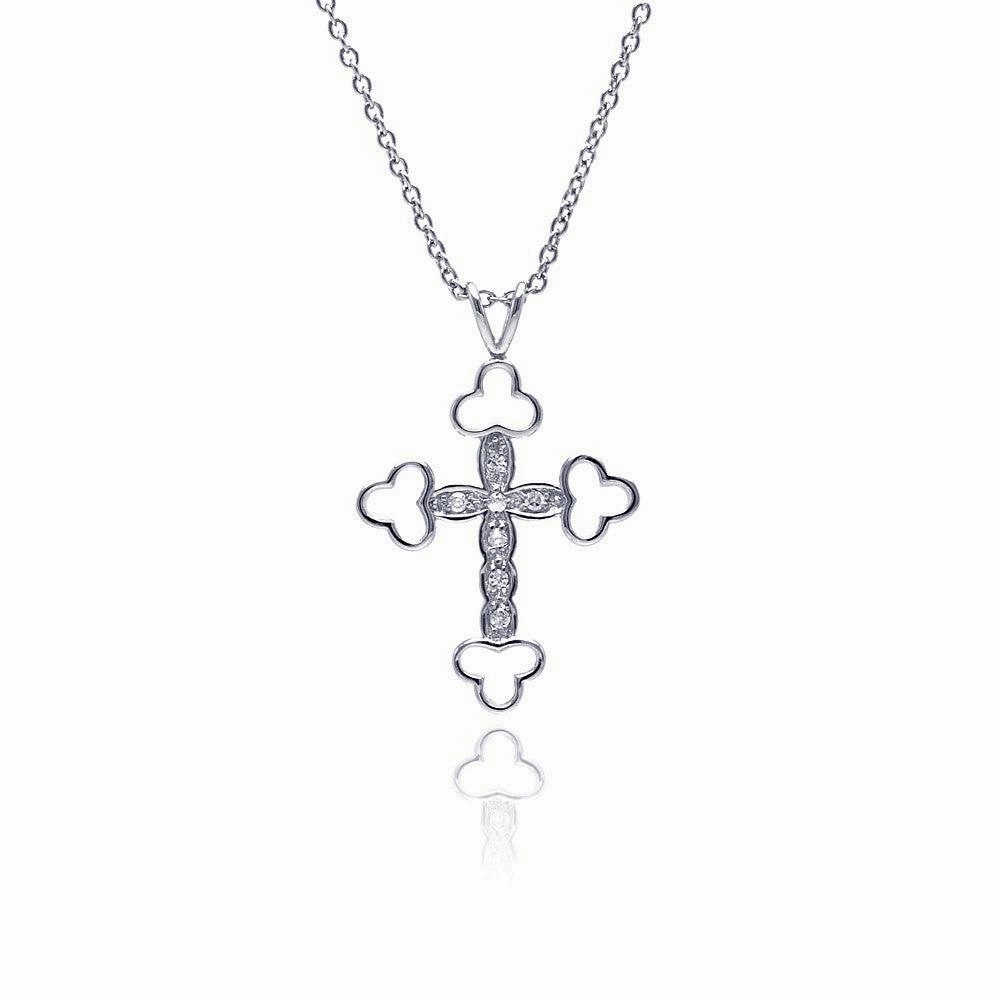 Silver 925 Clear CZ Rhodium Plated Fancy Cross Pendant Necklace - STP00222
