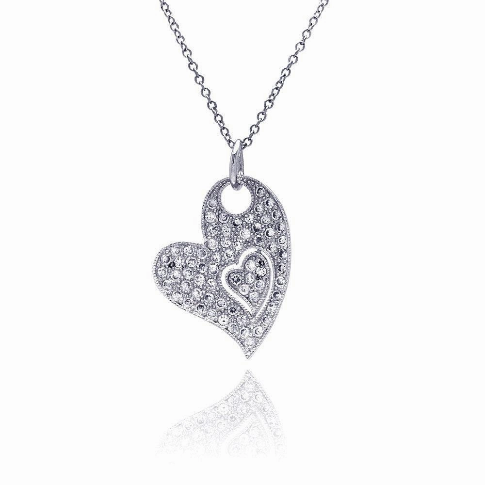 Silver 925 Clear CZ Rhodium Plated Heart Pendant Necklace - BGP00048