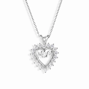 Silver 925 Clear CZ Rhodium Plated Mom Heart Pendant Necklace - STP00054