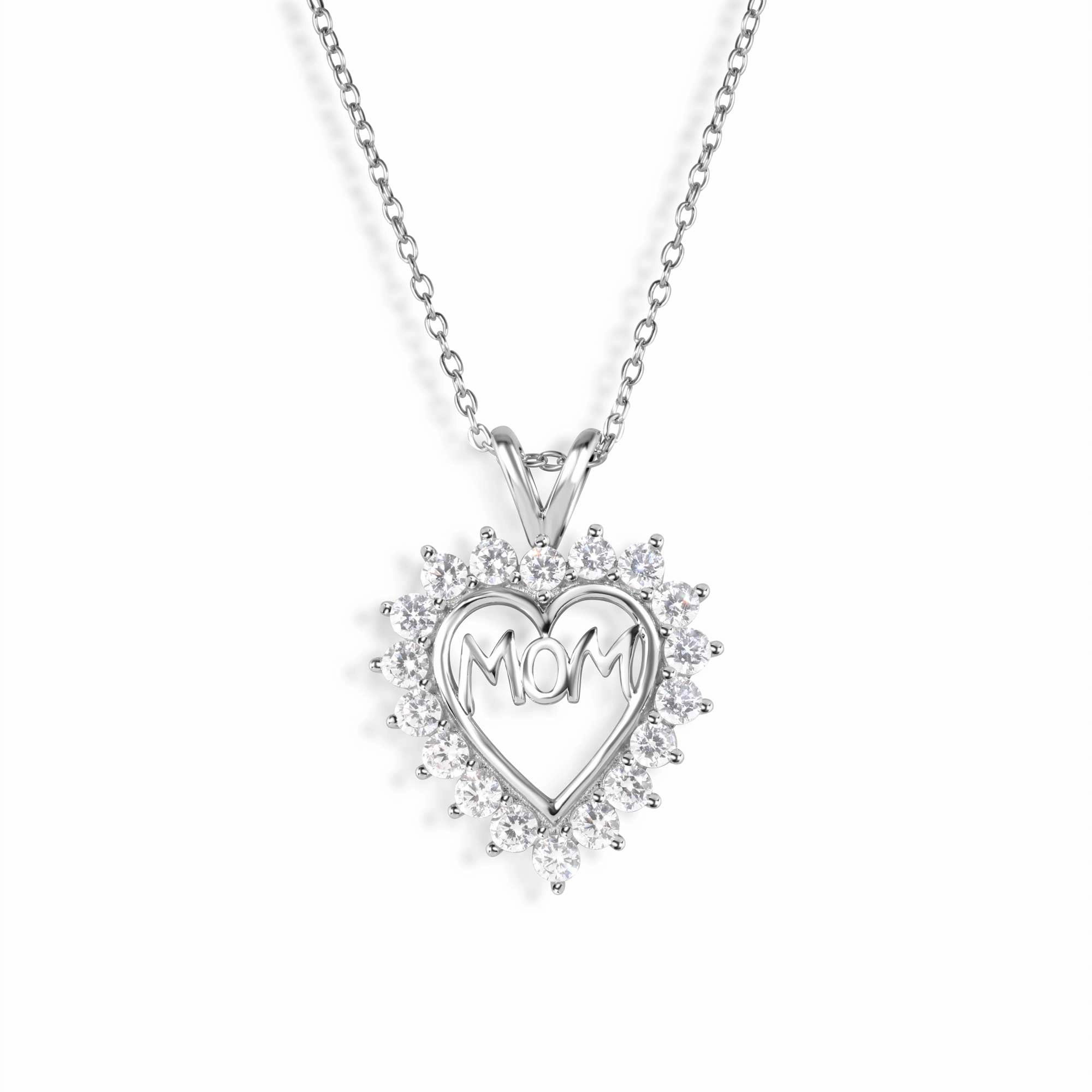 Silver 925 Clear CZ Rhodium Plated Mom Heart Pendant Necklace - STP00054