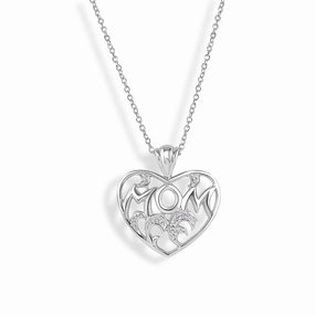Silver 925 Clear CZ Rhodium Plated Mom Heart Pendant Necklace - STP00226