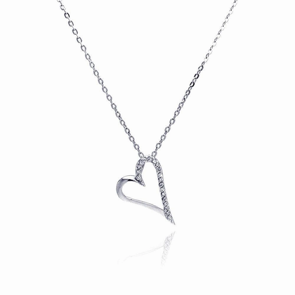 Silver 925 Clear CZ Rhodium Plated Open Heart Pendant Necklace - BGP00033