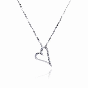 Silver 925 Clear CZ Rhodium Plated Open Heart Pendant Necklace - BGP00033