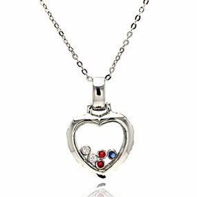 Silver 925 Floating Multi Color CZ Rhodium Plated Heart Pendant Necklace - BGP00005