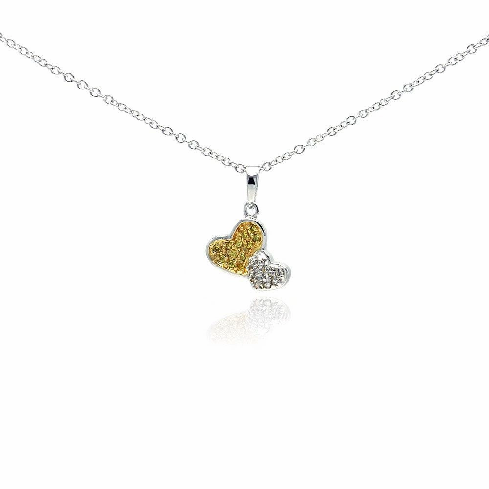 Silver 925 Gold and Rhodium Plated Two Toned Heart CZ Dangling Necklace - BGP00296