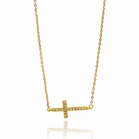 Silver 925 Gold Plated Sideways Cross CZ Necklace - BGP00673