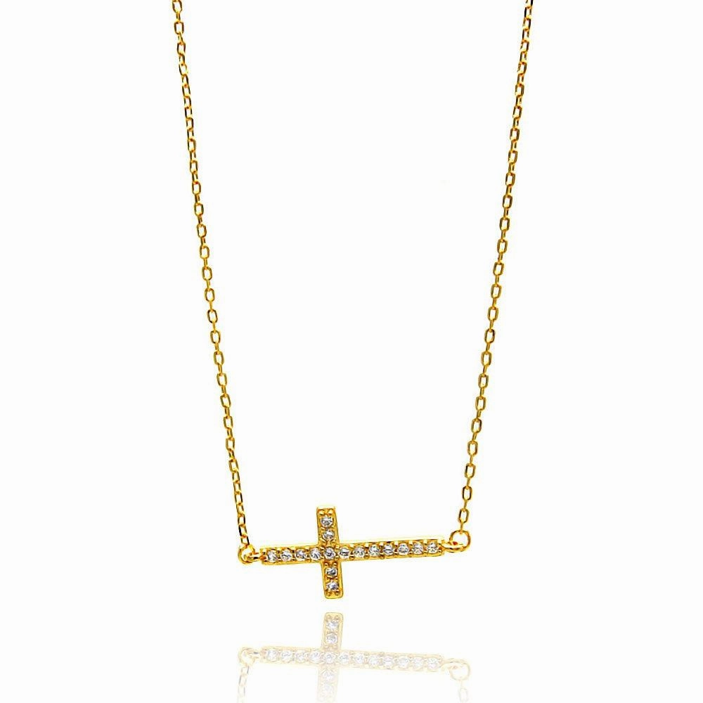 Silver 925 Gold Plated Sideways Cross CZ Necklace - BGP00673