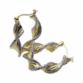 Silver 925 Gold Rhodium Plated Twisted Ornament CZ Hoop Earrings - STE00641