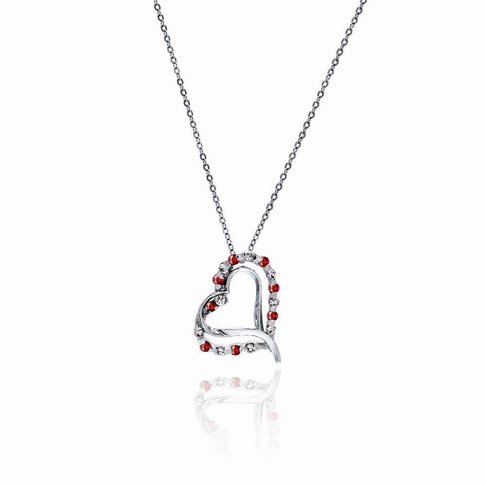 Silver 925 Red and Clear CZ Rhodium Plated Heart Necklace - BGP00031RED