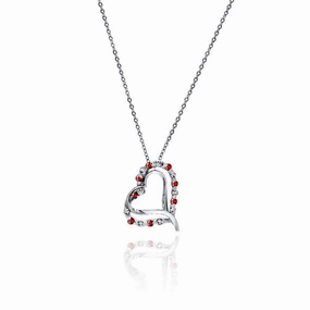 Silver 925 Red and Clear CZ Rhodium Plated Heart Necklace - BGP00031RED