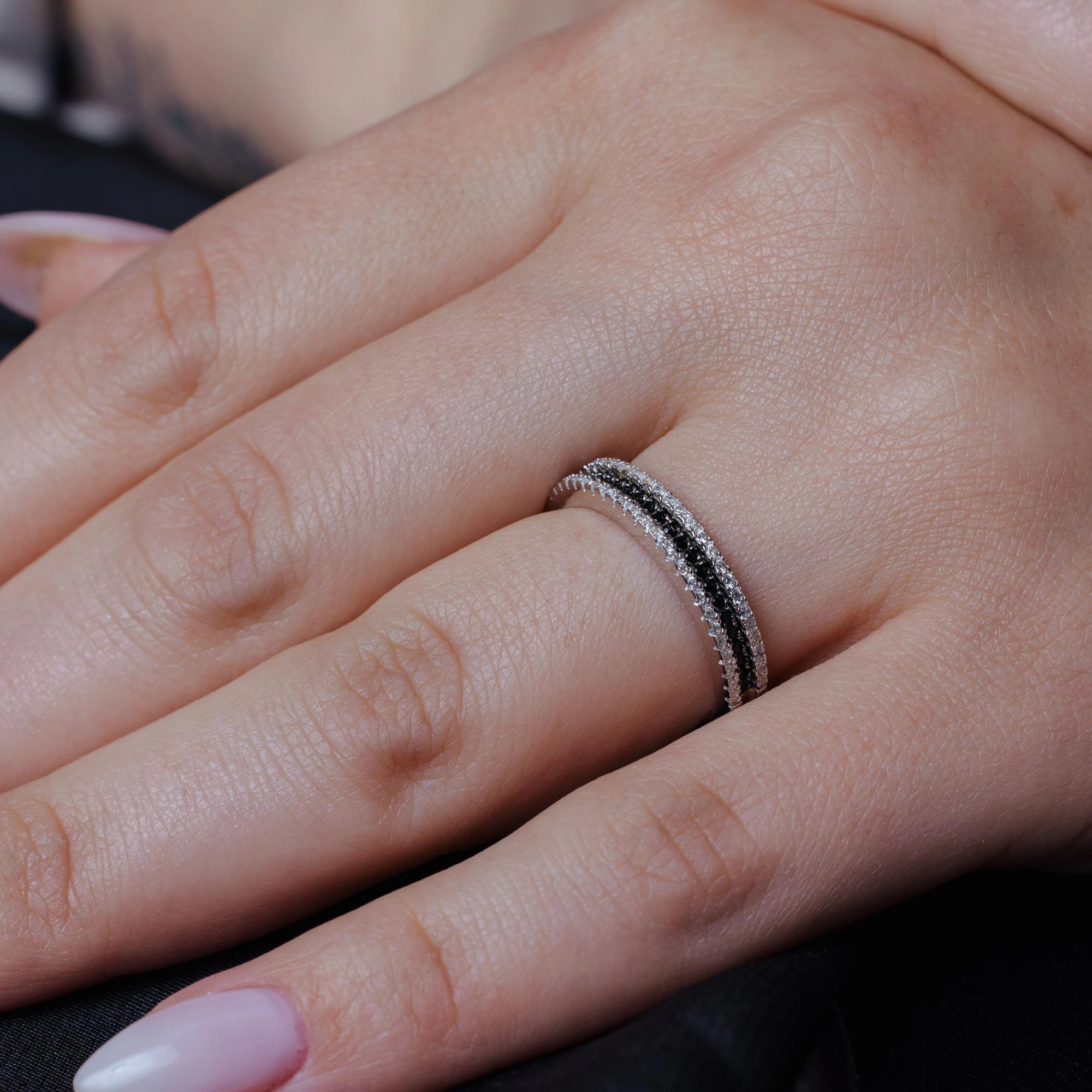 Silver 925 Rhodium and Black Rhodium Plated Half Micro Pave Black and Clear CZ Ring - ACR00059