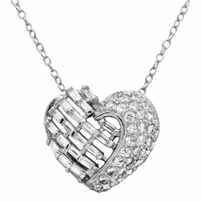 Silver 925 Rhodium Plated 2 Sided Baguette CZ Stones Heart Necklace - BGP01123