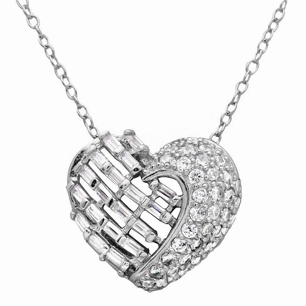 Silver 925 Rhodium Plated 2 Sided Baguette CZ Stones Heart Necklace - BGP01123