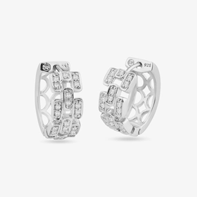 Silver 925 Rhodium Plated Baguette Alternated Clear CZ Hoop Earrings - STE00686