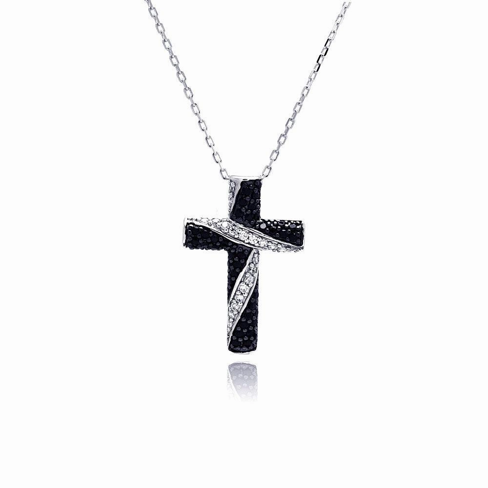 Silver 925 Rhodium Plated Black and Clear Cross CZ Necklace - BGP00487