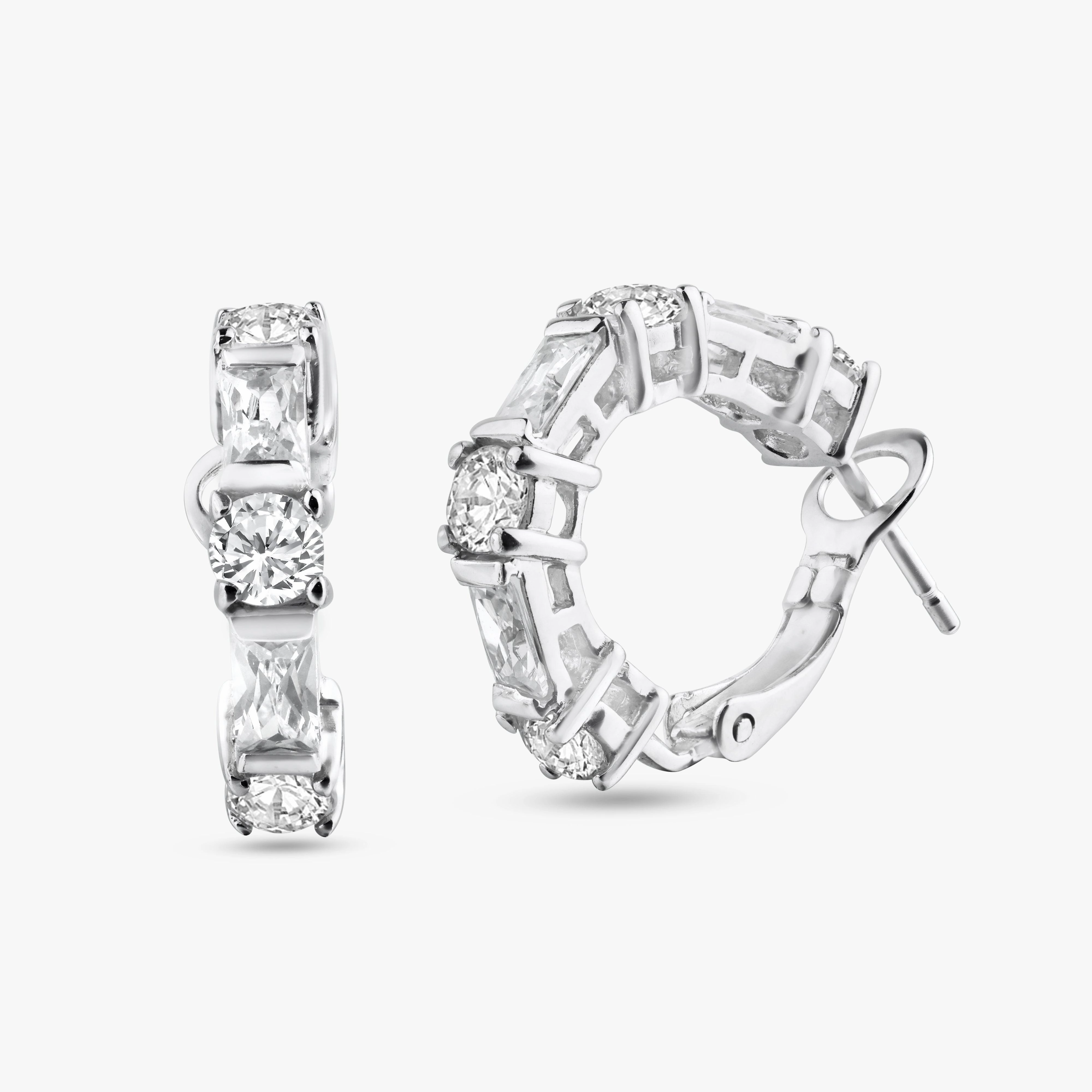 Silver 925 Rhodium Plated Clear Baguette CZ Hoop Earrings - STE00615