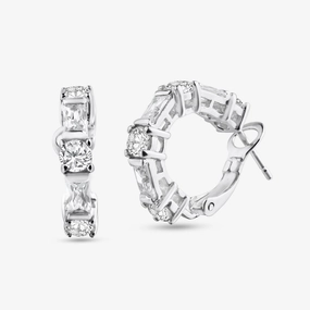 Silver 925 Rhodium Plated Clear Baguette CZ Hoop Earrings - STE00615