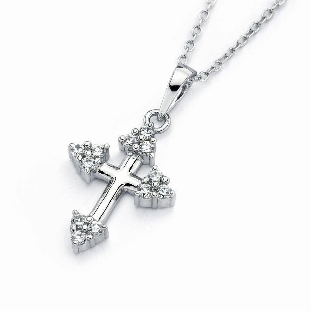 Silver 925 Rhodium Plated Clear CZ Cross Pendant Necklace -  BGP00826
